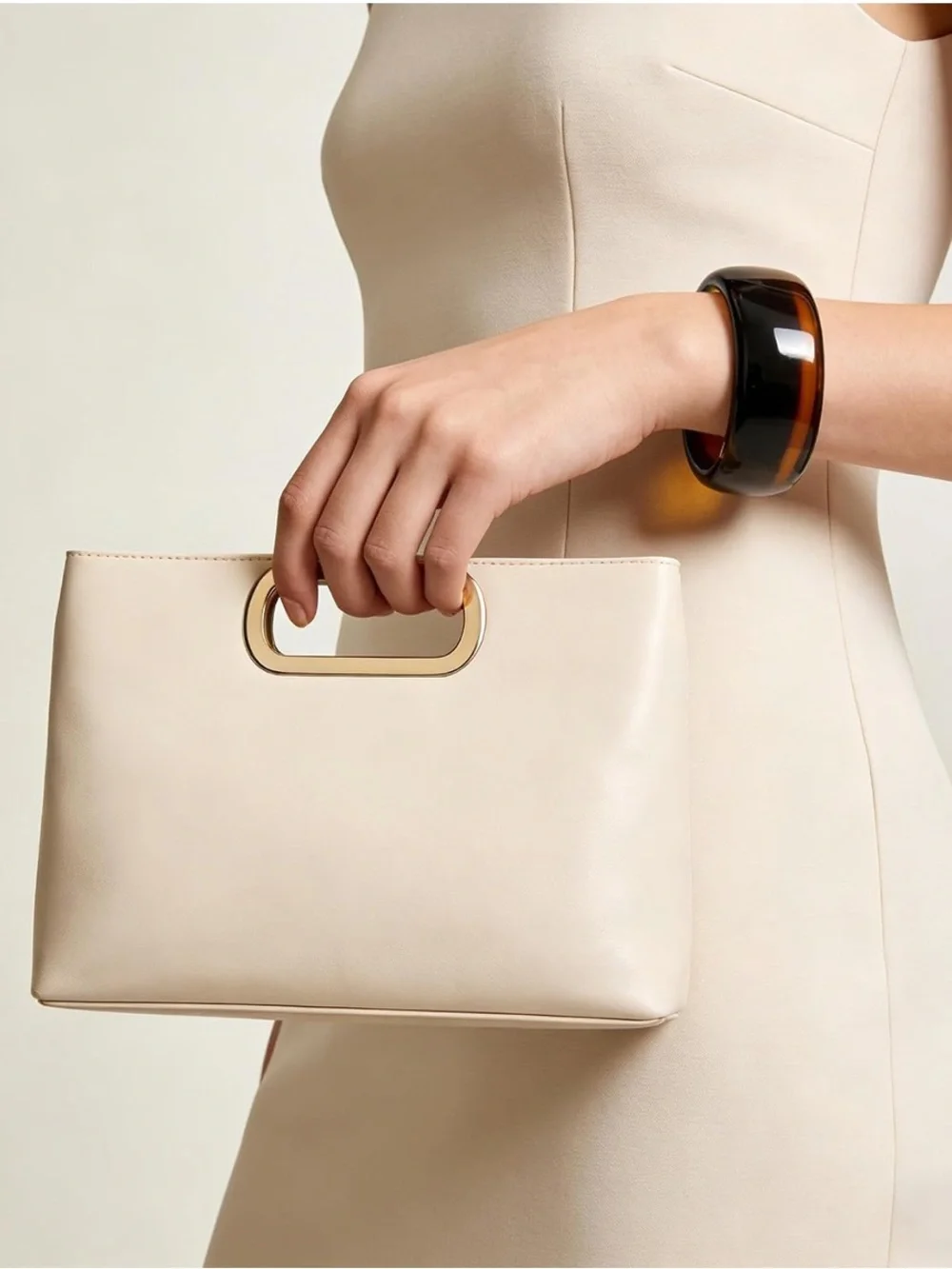 Cream Leather Clutch with Gold Oval Handle